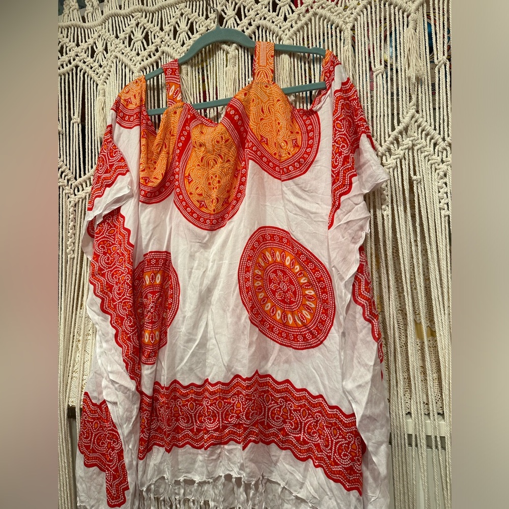 Boho fringe cover up caftan top shirt pullover free size vibrant mandala